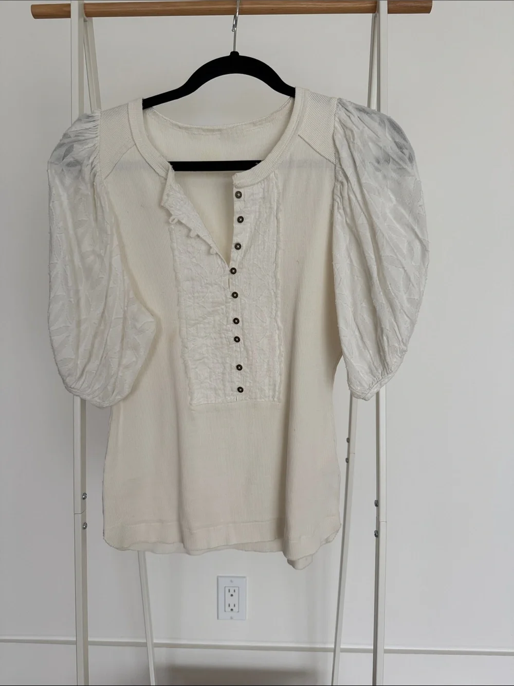 Anthropologie Ivory Textured Puff-Sleeve Henley Top